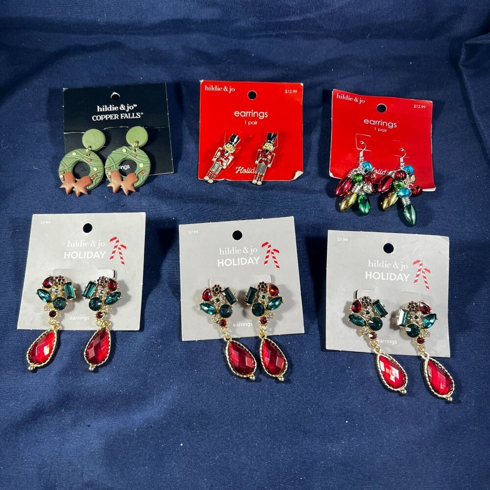 Hildie & Jo Holiday Earrings Set Of 6 - Festive Designs With Nutcracker Gem Drop